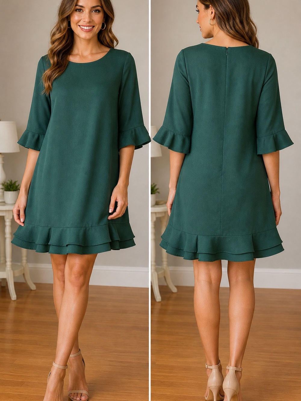 CeCe Green Ruffle Hem Dress Size 8
Flowy Shift 3/4 Sleeve Feminine